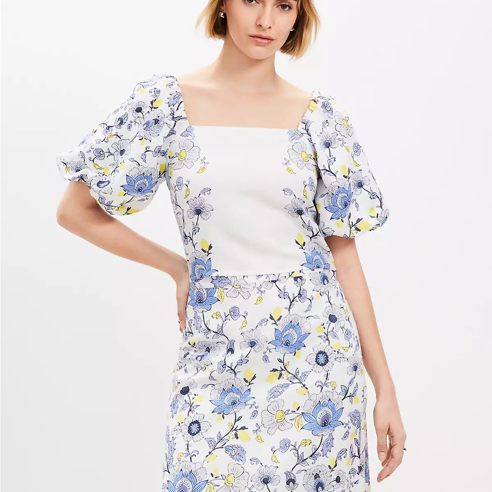 Loft linen Floral puff sleeve blouse‎ square neck spring feminine smocked